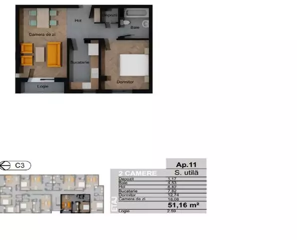 Apartament 2 camere decomandat, 51.16 mp, CF, zona Terra - PropertyBook