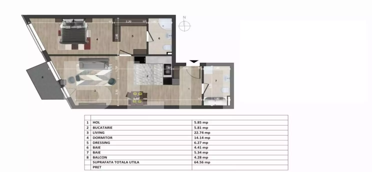 Apartament 2 camere, 64 mp, 2 bai, etaj intermediar, Europa - PropertyBook