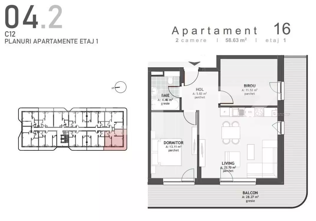 Apartament 2 camere, 58,63 mp+ terasa de 28 de mp in Floresti - PropertyBook