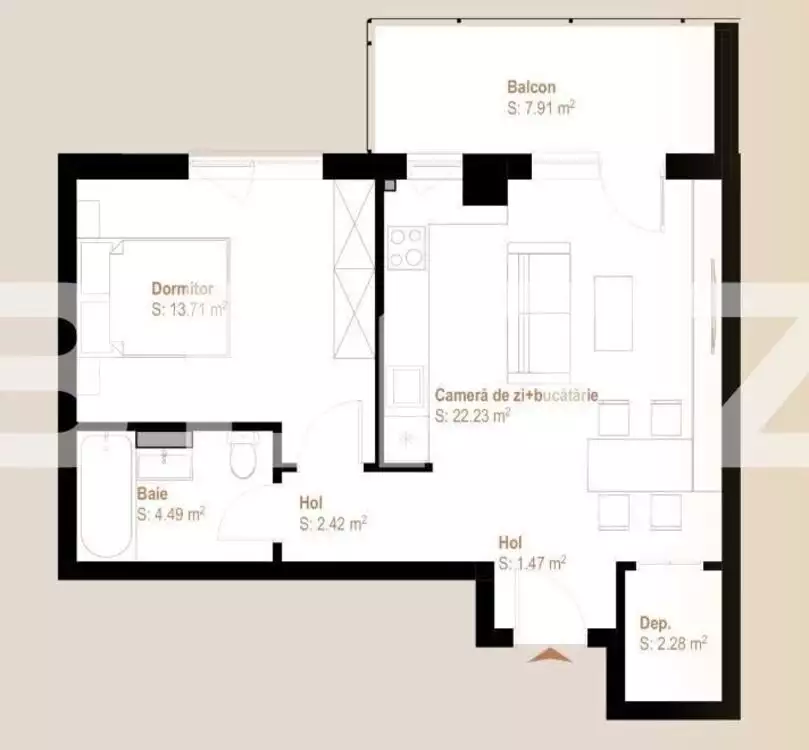 Apartament 2 camere, 46,60 mp + balcon 7,82 mp, zona Vivo - PropertyBook