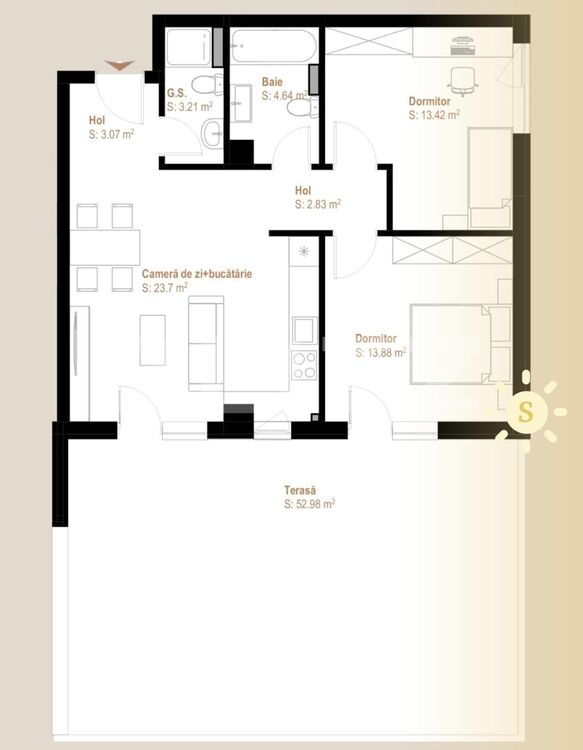 Apartament 3 camere, 65 mp utili+ terasa 53 mp, zona Vivo