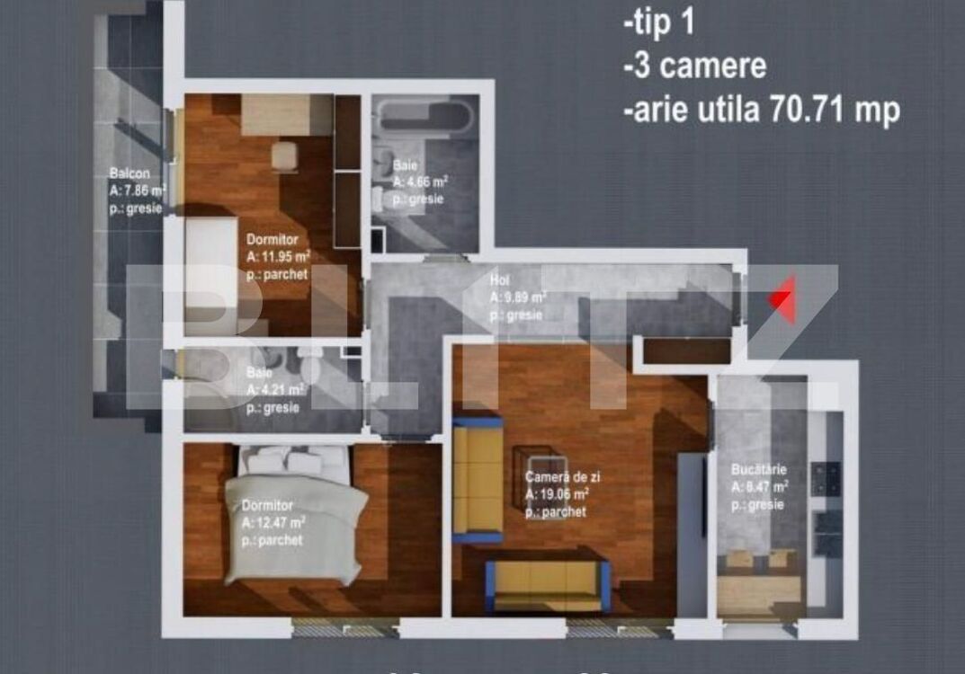Apartament 3 camere decomandate, etaj intermediar,2 bai,  semifinisat, orientat Sud, zona Regal, Baciu - PropertyBook