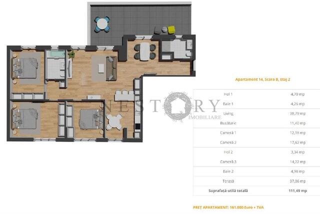 Apartament cu 4 camere|semifinisat|112 mp|terasa 37mp|zona Vivo - PropertyBook
