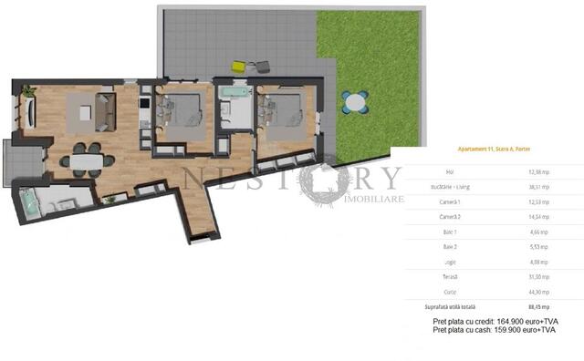 Apartament cu 3 camere|semifinisat|terasa 32 mp|curte 50 mp||zona Vivo - PropertyBook