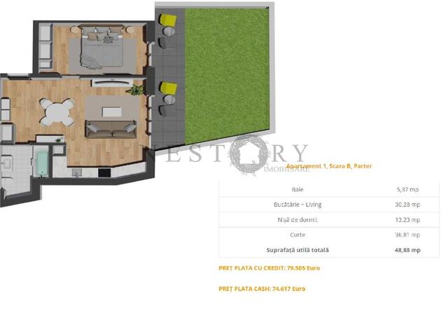 Apartament cu 2 camere|semifinsat|curte de 37mp|zona Vivo - PropertyBook