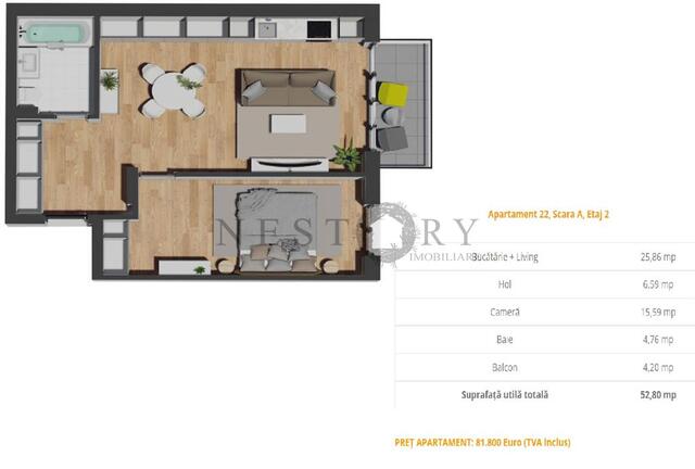 Apartament cu 2 camere|semifinisat|52.80 mp|zona Vivo - PropertyBook