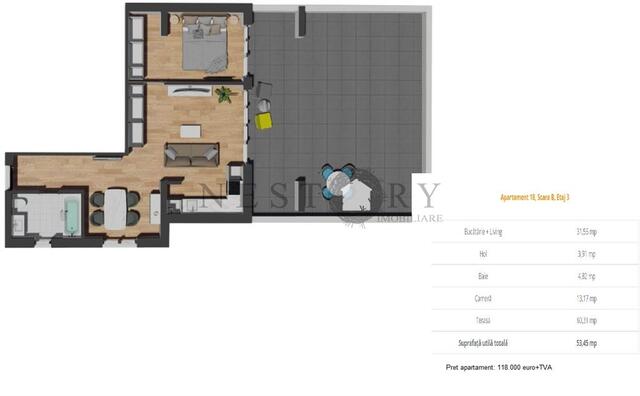 Apartament cu 2 camere|semifinisat|terasa 60 mp|zona Vivo - PropertyBook