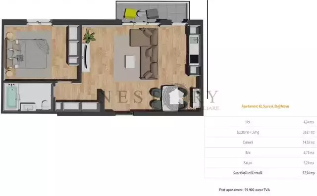 Apartament cu 2 camere|semifinisat|57.54 mp|zona Vivo