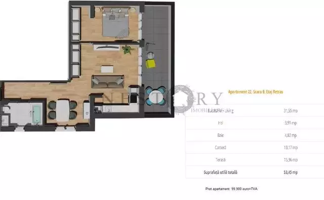 Apartament cu 2 camere|semifinisat|terasa 15.36 mp|zona Vivo - PropertyBook