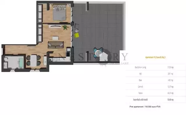 Apartament cu 2 camere|semifinisat|terasa 60 mp|zona Vivo