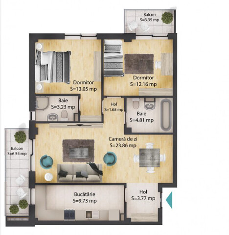 Apartament 3 camere, 72 mp, 2 bai, 2 balcoane, parcare subterana, Baciu - PropertyBook
